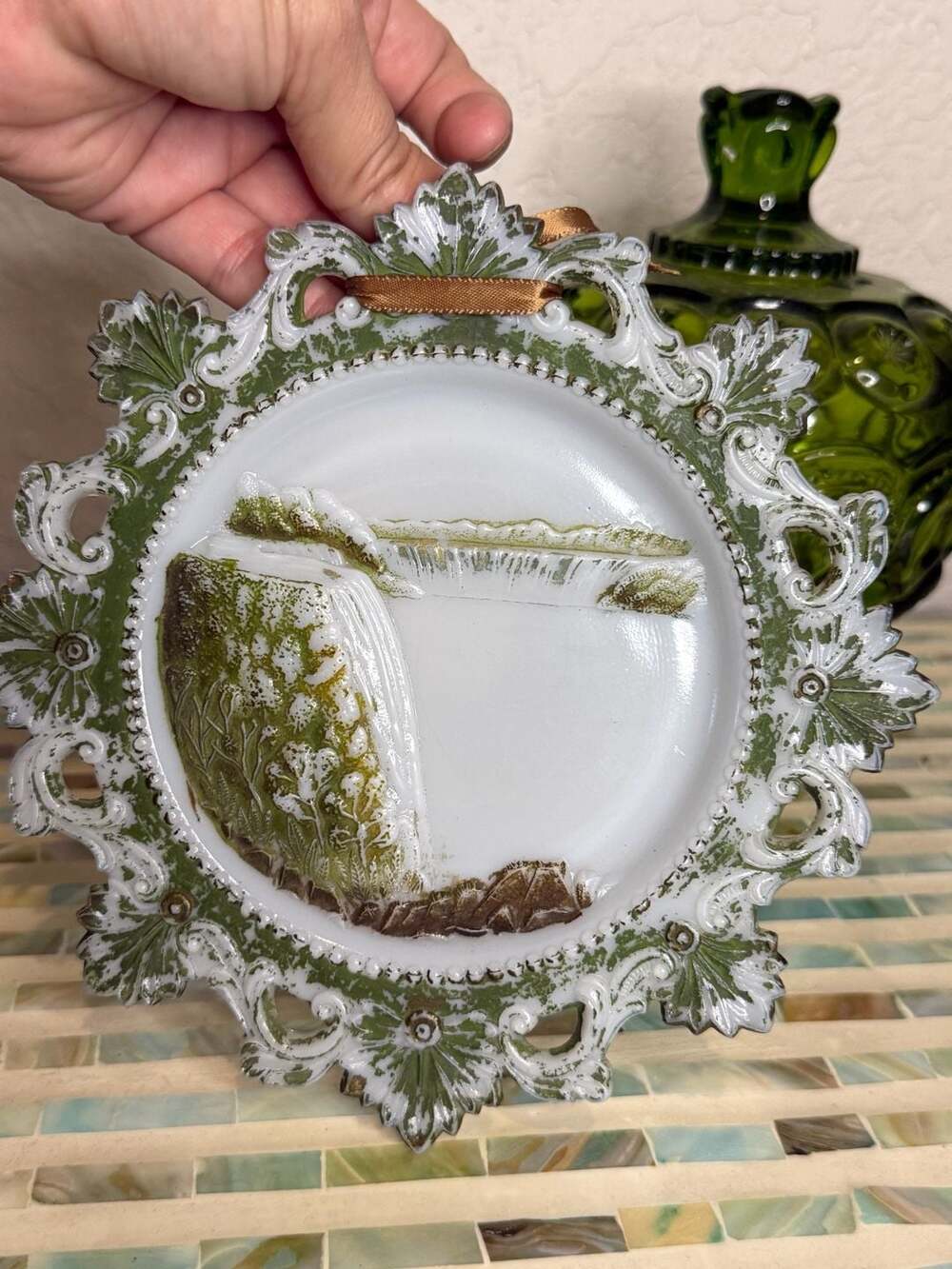 Vintage Milk Glass Niagra Falls Decorative Wall Plate